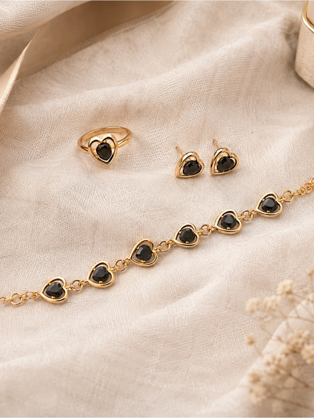 Gold-Tone Heart Ring, Studs & Bracelet Set with Black Hearts